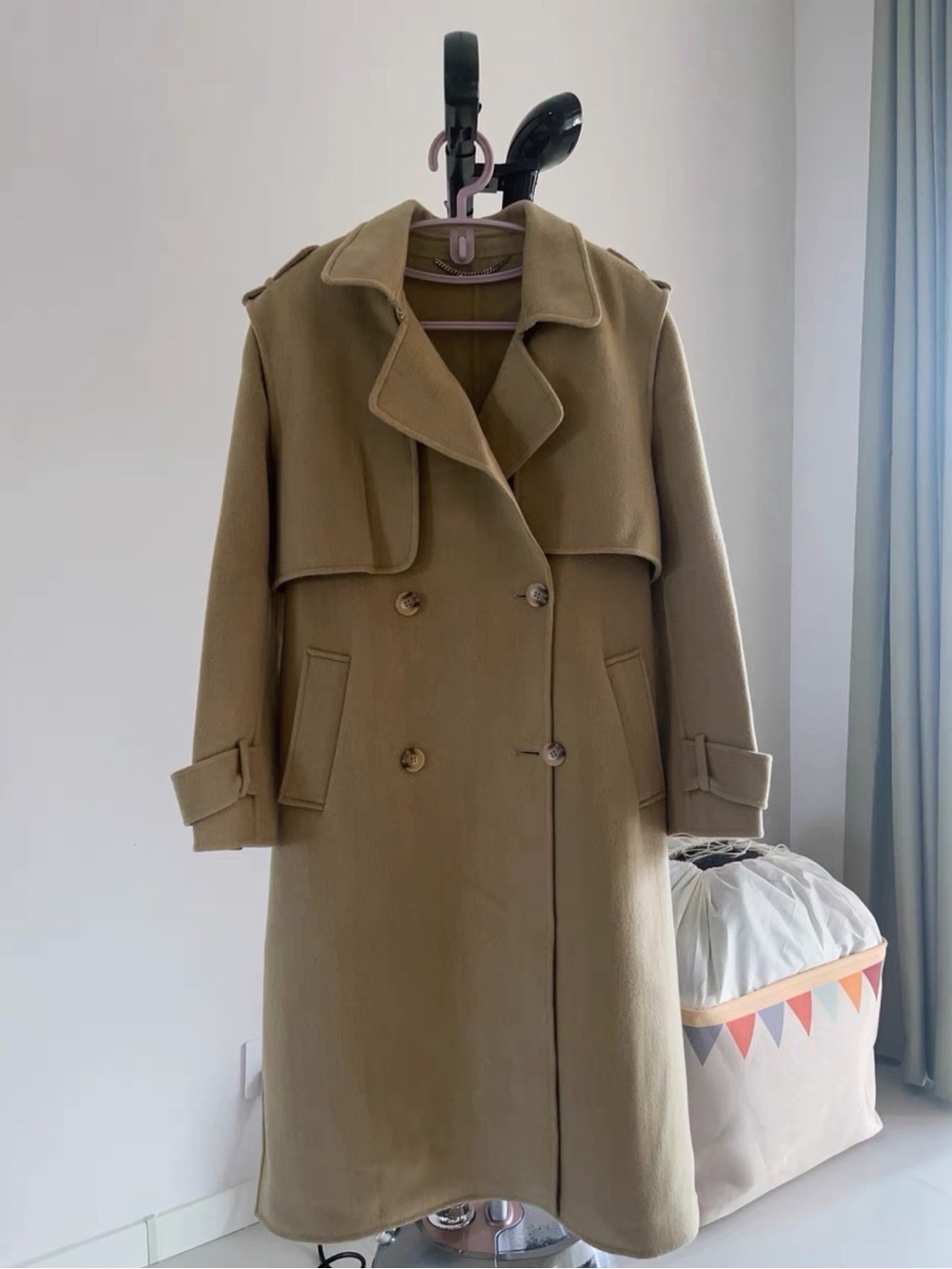 100% Wool Tapered Double-Breasted Trench Coat in Camel